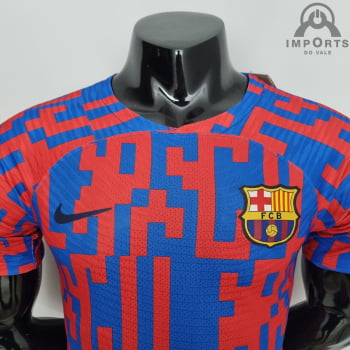 Camisa Barcelona 22/23 Versão Jogador Pré-Jogo Vermelho e Azul + Personalização Grátis