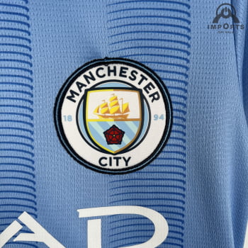Camisa Manchester City I 23/24 Versão Feminina + Personalização Grátis Camisa Manchester City I 23/24 Versão Feminina + Personalização Grátis