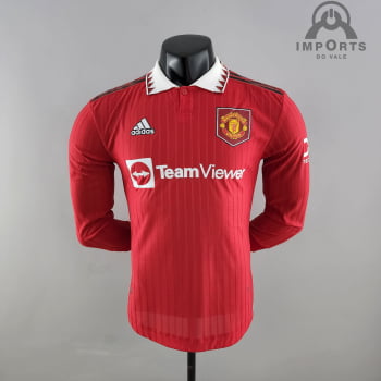 Camisa Manga Longa Manchester United l 22/23 Versão Jogador + Personalização Grátis Camisa Manga Longa Manchester United l 22/23 Versão Jogador + Personalização Grátis