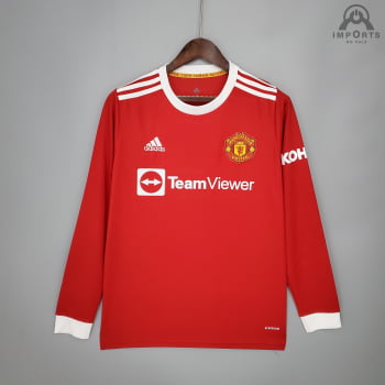 Camisa Manga Longa Manchester United I 21/22 Versão Torcedor + Personalização Grátis Camisa Manga Longa Manchester United I 21/22 Versão Torcedor + Personalização Grátis