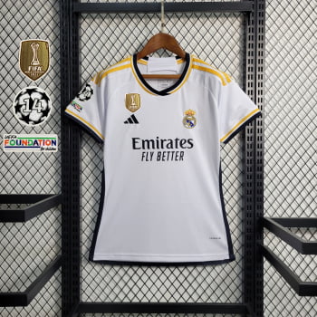 Camisa Real Madrid I 23/24 Versão Feminina + Patchs + Personalização Grátis Camisa Real Madrid I 23/24 Versão Feminina + Patchs + Personalização Grátis