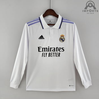 Manga Longa Real Madrid I 22/23 Versão Torcedor + Personalização Grátis Manga Longa Real Madrid I 22/23 Versão Torcedor + Personalização Grátis