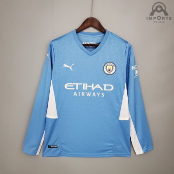 Camisa Manchester City I 21/22 Manga Longa + Personalização Grátis Camisa Manchester City I 21/22 Manga Longa + Personalização Grátis