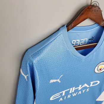 Camisa Manchester City I 21/22 Manga Longa + Personalização Grátis
