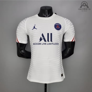 Camisa Paris Saint-Germain 21/22 Versão Jogador Treino + Patrocínios - Branca/azul Camisa Paris Saint-Germain 21/22 Versão Jogador Treino + Patrocínios - Branca/azul